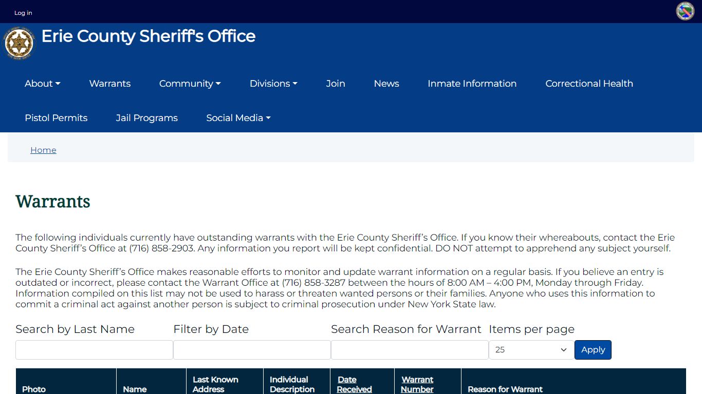 Warrants | Erie County Sheriff's Office